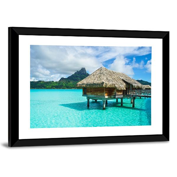 Overwater Thatched Roof Bungalow Canvas Wall Art-3 Horizontal-Gallery Wrap-25" x 16"-Tiaracle