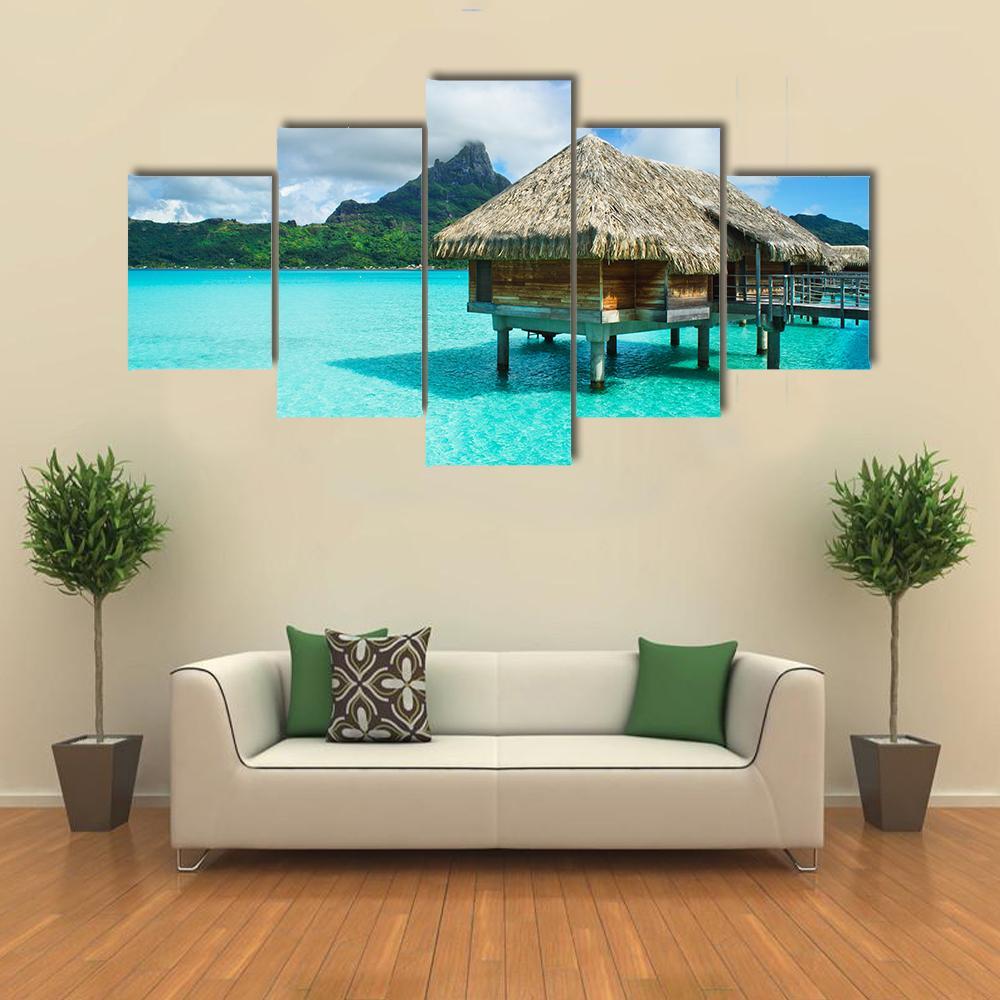Overwater Thatched Roof Bungalow Canvas Wall Art-5 Star-Gallery Wrap-62" x 32"-Tiaracle