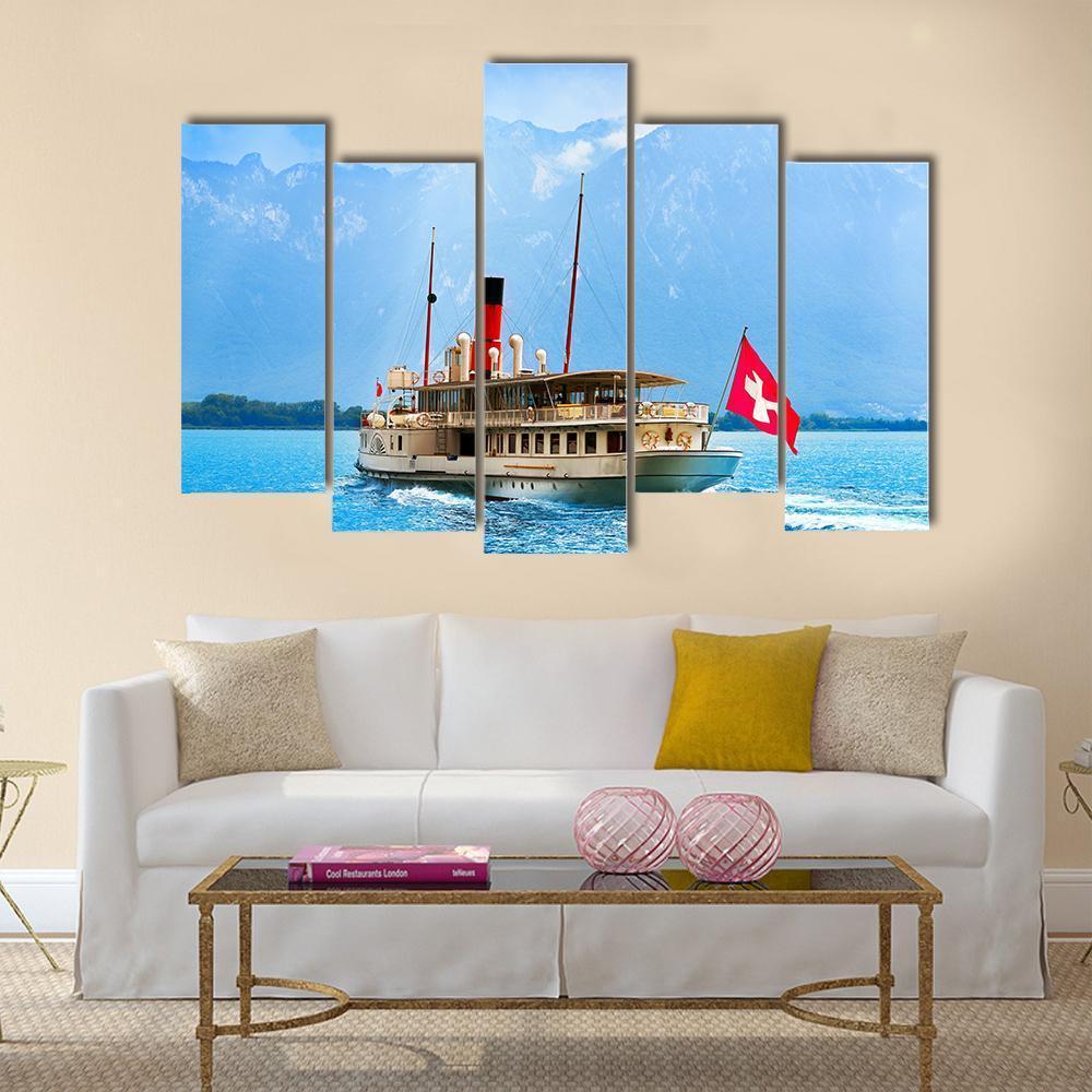 Paddle Steamer In Geneva Lake Canvas Wall Art-5 Pop-Gallery Wrap-47" x 32"-Tiaracle