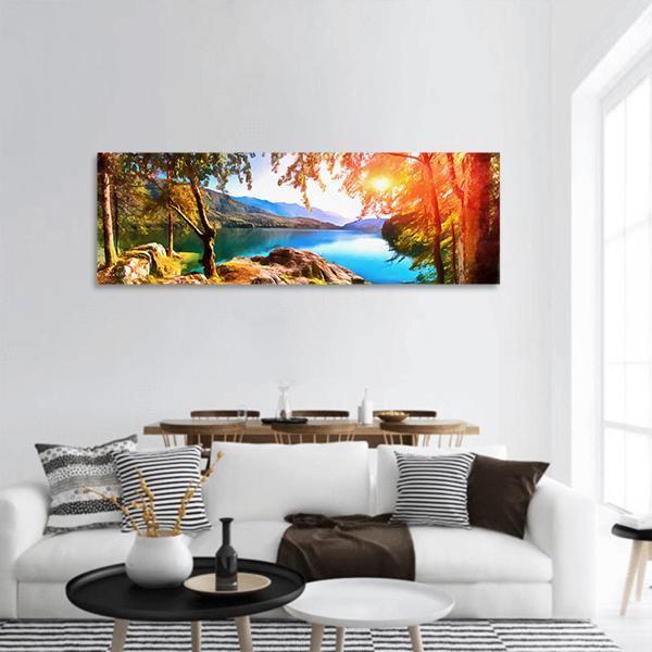 Painting Of Mountain Lake With Sunset Panoramic Canvas Wall Art-1 Piece-36" x 12"-Tiaracle