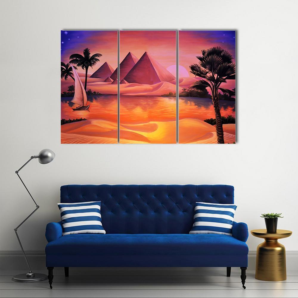 Painting Of Pyramid Ancient Egypt And Nile River Canvas Wall Art-3 Horizontal-Gallery Wrap-37" x 24"-Tiaracle