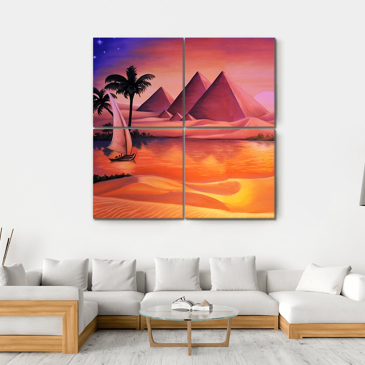 Painting Of Pyramid Ancient Egypt And Nile River Canvas Wall Art-4 Square-Gallery Wrap-17" x 17"-Tiaracle