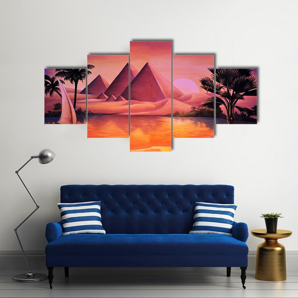 Painting Of Pyramid Ancient Egypt And Nile River Canvas Wall Art-5 Star-Gallery Wrap-62" x 32"-Tiaracle