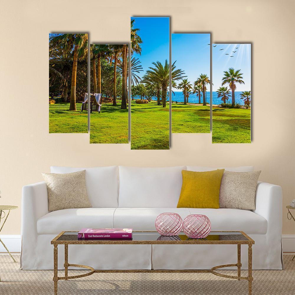 Palm Grove & Green Grass Lawn Canvas Wall Art-5 Pop-Gallery Wrap-47" x 32"-Tiaracle