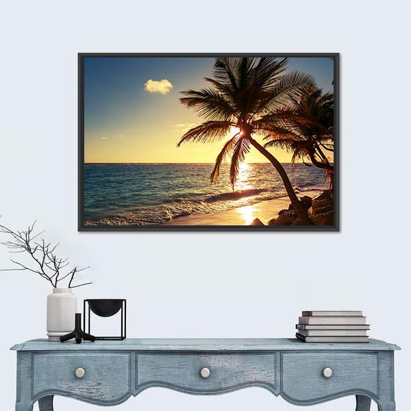 Palm Tree On Tropical Beach Canvas Wall Art-3 Horizontal-Gallery Wrap-25" x 16"-Tiaracle