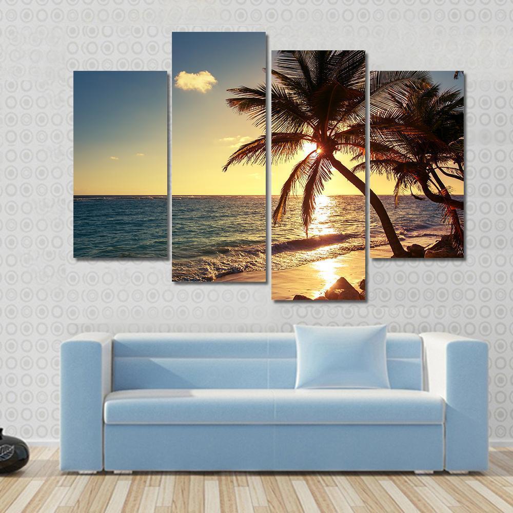 Palm Tree On Tropical Beach Canvas Wall Art-4 Pop-Gallery Wrap-50" x 32"-Tiaracle