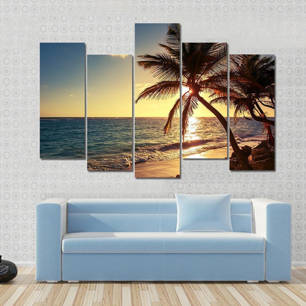 Palm Tree On Tropical Beach Canvas Wall Art-5 Pop-Gallery Wrap-47" x 32"-Tiaracle