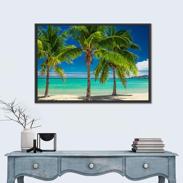Palm Trees Over Blue Lagoon In Fiji Islands Canvas Wall Art-1 Piece-Floating Frame-24" x 16"-Tiaracle