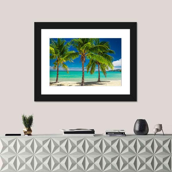 Palm Trees Over Blue Lagoon In Fiji Islands Canvas Wall Art-1 Piece-Framed Print-20" x 16"-Tiaracle