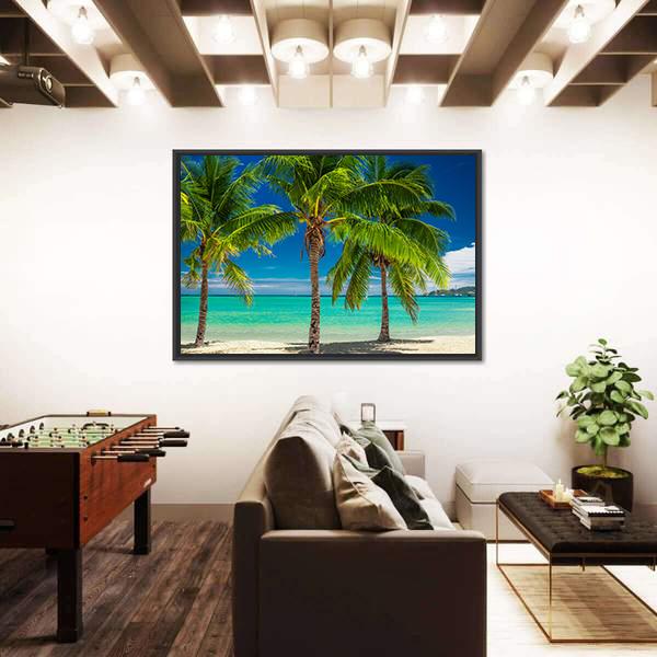 Palm Trees Over Blue Lagoon In Fiji Islands Canvas Wall Art-3 Horizontal-Gallery Wrap-25" x 16"-Tiaracle