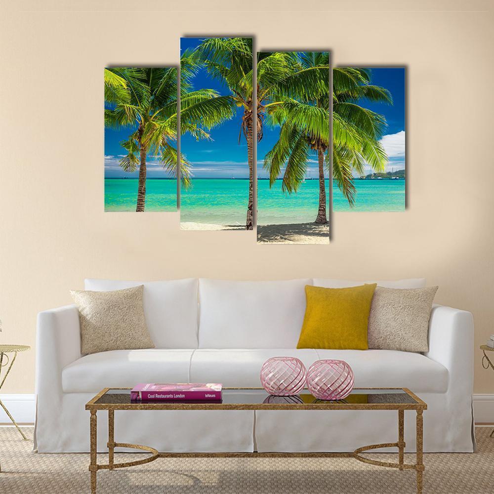 Palm Trees Over Blue Lagoon In Fiji Islands Canvas Wall Art-4 Pop-Gallery Wrap-50" x 32"-Tiaracle
