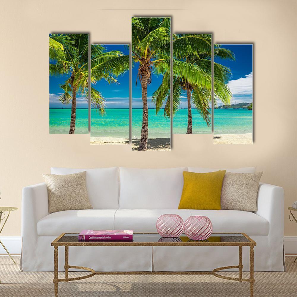 Palm Trees Over Blue Lagoon In Fiji Islands Canvas Wall Art-5 Pop-Gallery Wrap-47" x 32"-Tiaracle