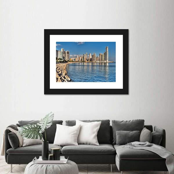 Panama City Skyline & Bay Canvas Wall Art-1 Piece-Framed Print-20" x 16"-Tiaracle