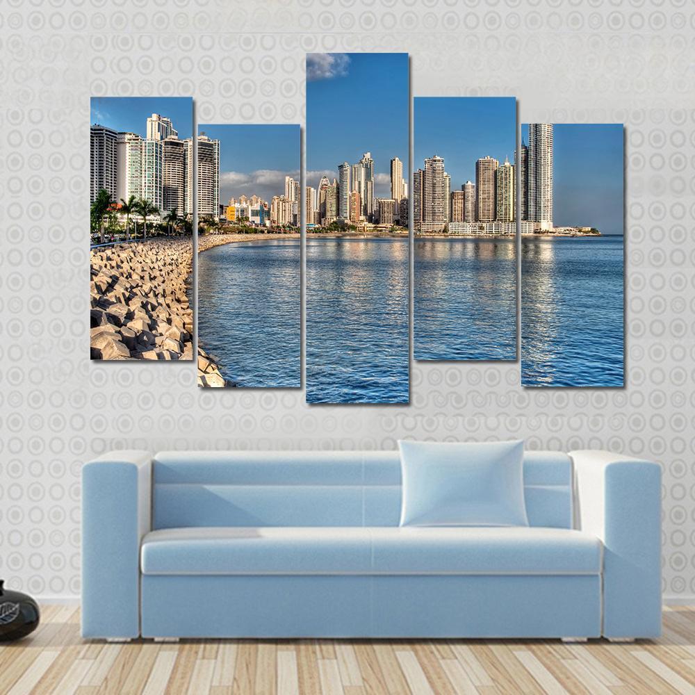 Panama City Skyline & Bay Canvas Wall Art-5 Pop-Gallery Wrap-47" x 32"-Tiaracle
