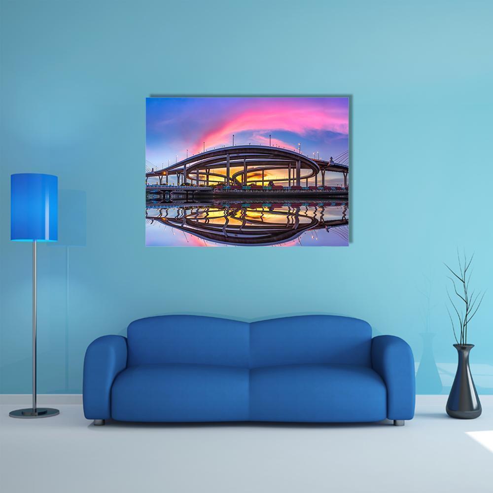 Bhumibol Bridge At Twilight Canvas Wall Art-1 Piece-Gallery Wrap-36" x 24"-Tiaracle