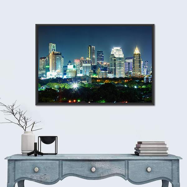 Bangkok City At Night Canvas Wall Art-3 Horizontal-Gallery Wrap-25" x 16"-Tiaracle