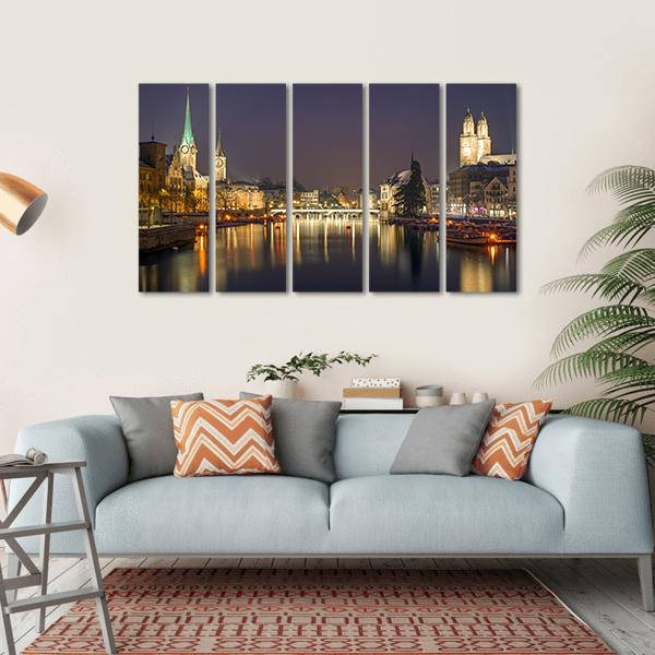Panorama Of Zurich At Night Canvas Wall Art-5 Horizontal-Gallery Wrap-22" x 12"-Tiaracle