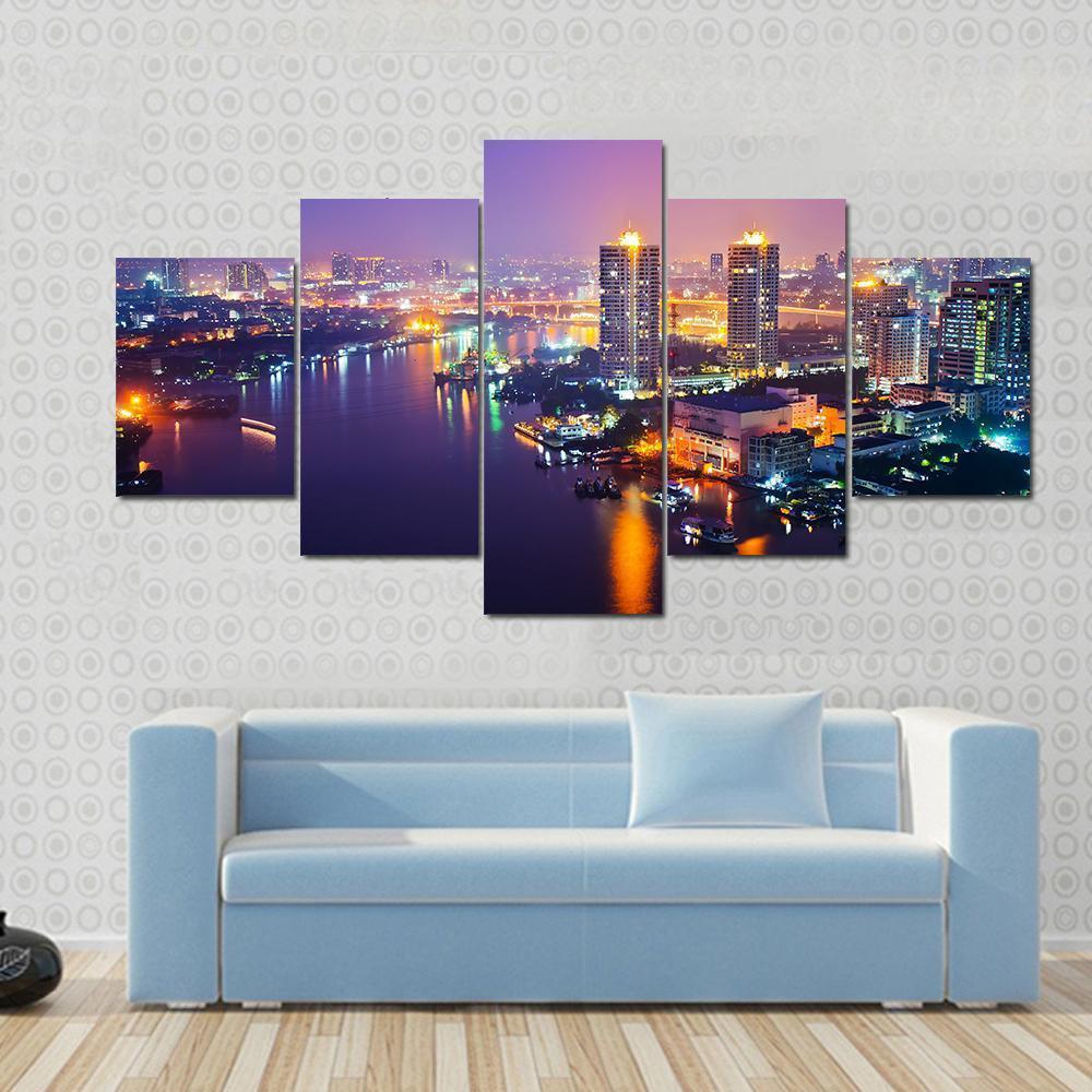 Bangkok Cityscape At Night Canvas Wall Art-5 Star-Gallery Wrap-62" x 32"-Tiaracle