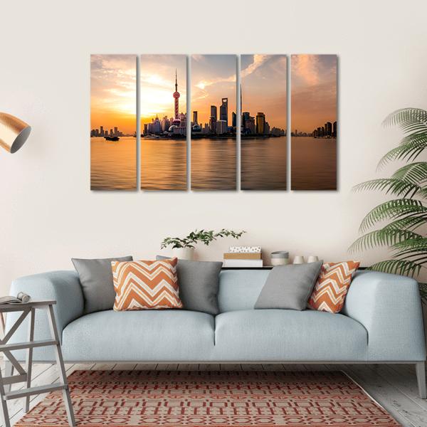 Panoramic Sunrise Over Shanghai Bund Canvas Wall Art-5 Horizontal-Gallery Wrap-22" x 12"-Tiaracle