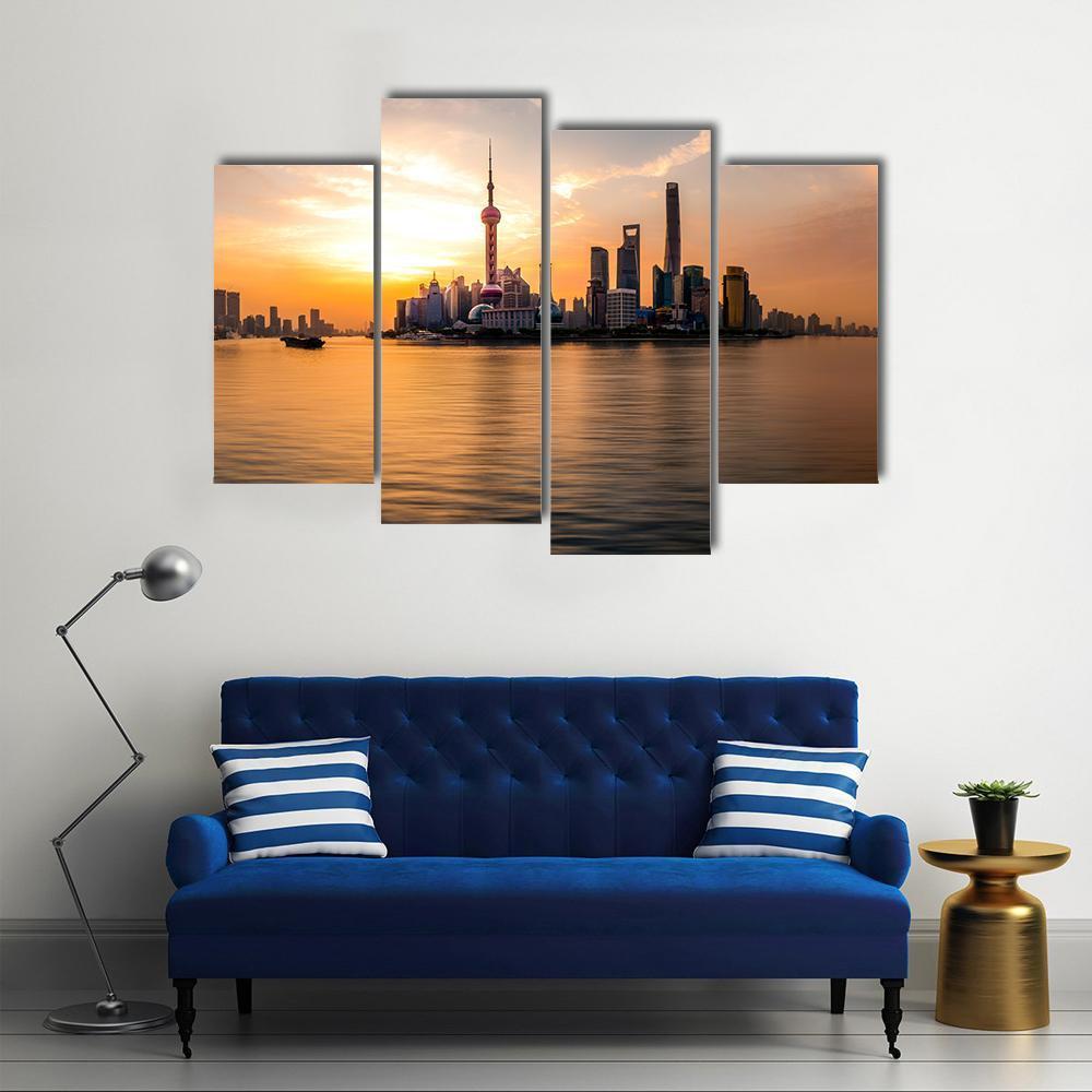 Panoramic Sunrise Over Shanghai Bund Canvas Wall Art-4 Pop-Gallery Wrap-50" x 32"-Tiaracle