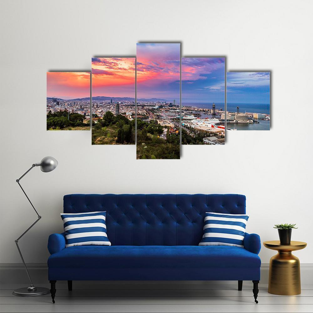 Panoramic View Of Barcelona And Port In Spain Canvas Wall Art-5 Star-Gallery Wrap-62" x 32"-Tiaracle
