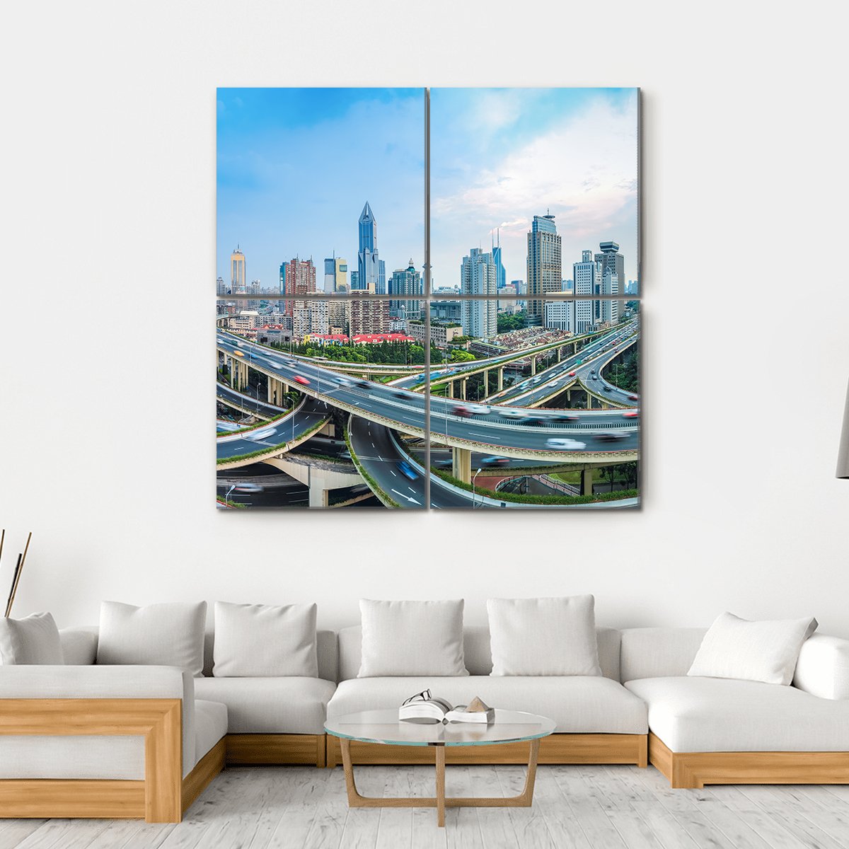 Panoramic View Of City Elevated Road Junction In Blue Sky Shanghai Canvas Wall Art-4 Square-Gallery Wrap-17" x 17"-Tiaracle
