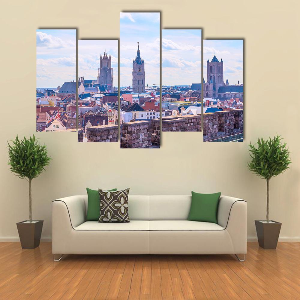 Panoramic View Of Ghent Belgium Canvas Wall Art-5 Pop-Gallery Wrap-47" x 32"-Tiaracle