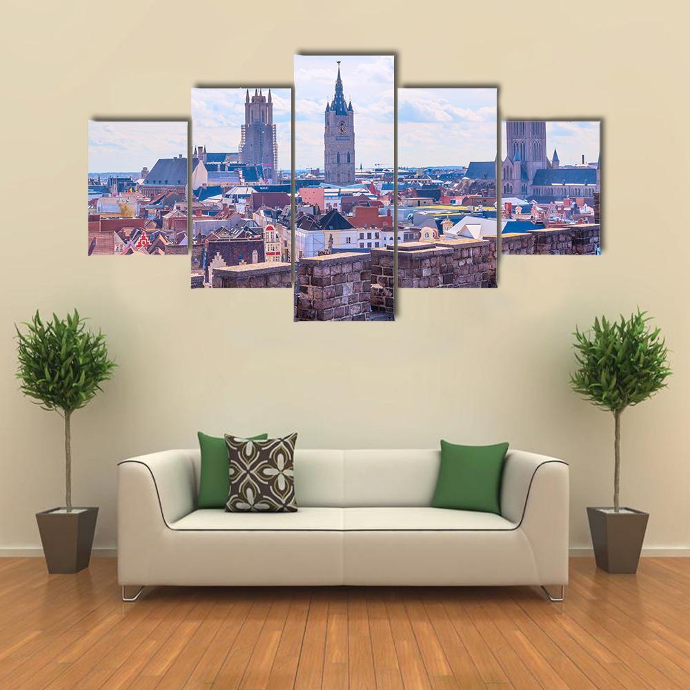 Panoramic View Of Ghent Belgium Canvas Wall Art-5 Star-Gallery Wrap-62" x 32"-Tiaracle
