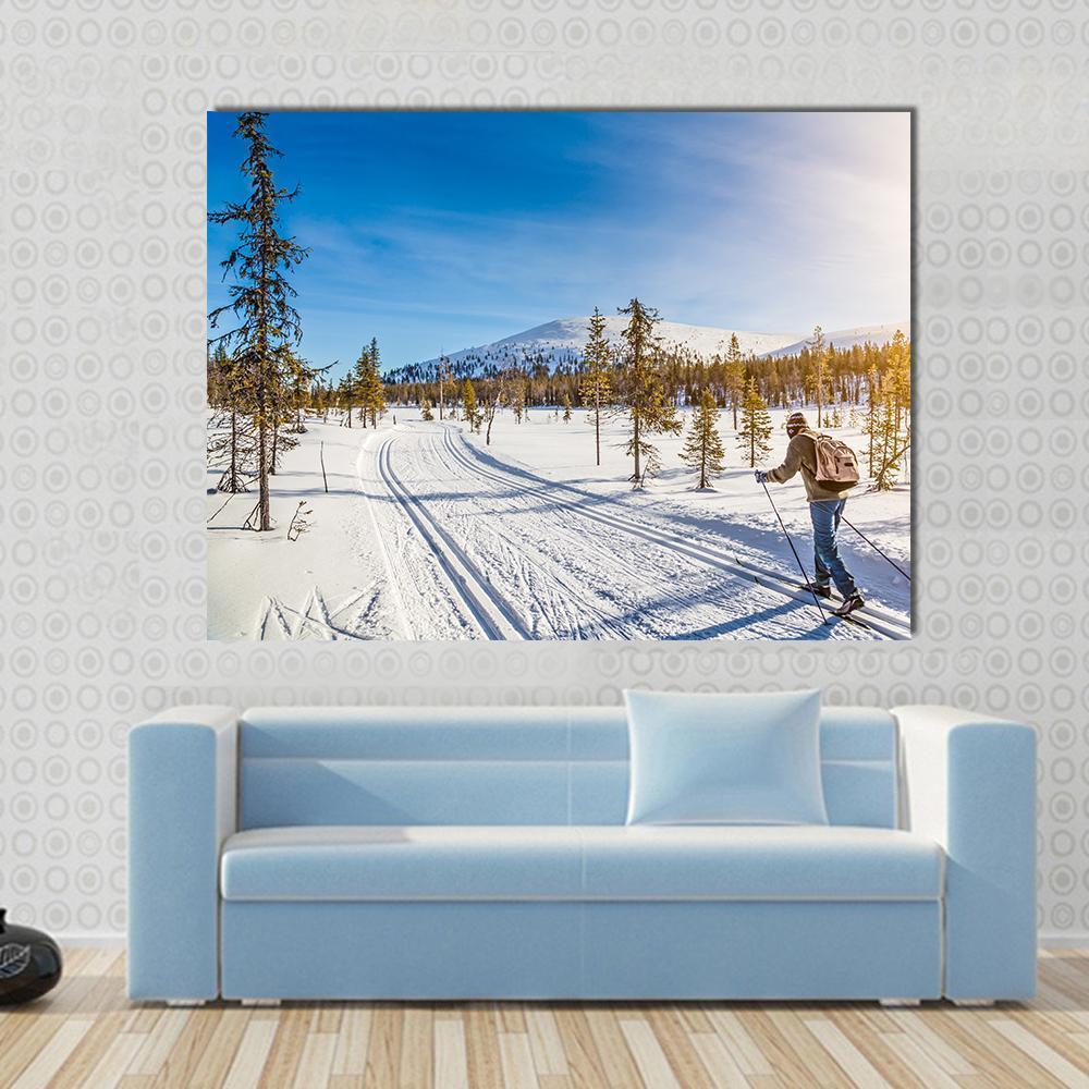 Panoramic View Of Male Person Cross Country Skiing Canvas Wall Art-1 Piece-Gallery Wrap-36" x 24"-Tiaracle