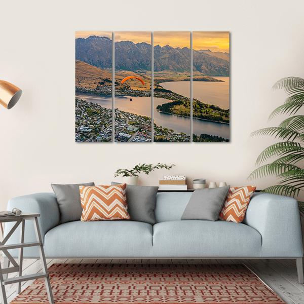 Paragliding over Queenstown and Lake Wakaitipu Canvas Wall Art-4 Horizontal-Gallery Wrap-34" x 24"-Tiaracle