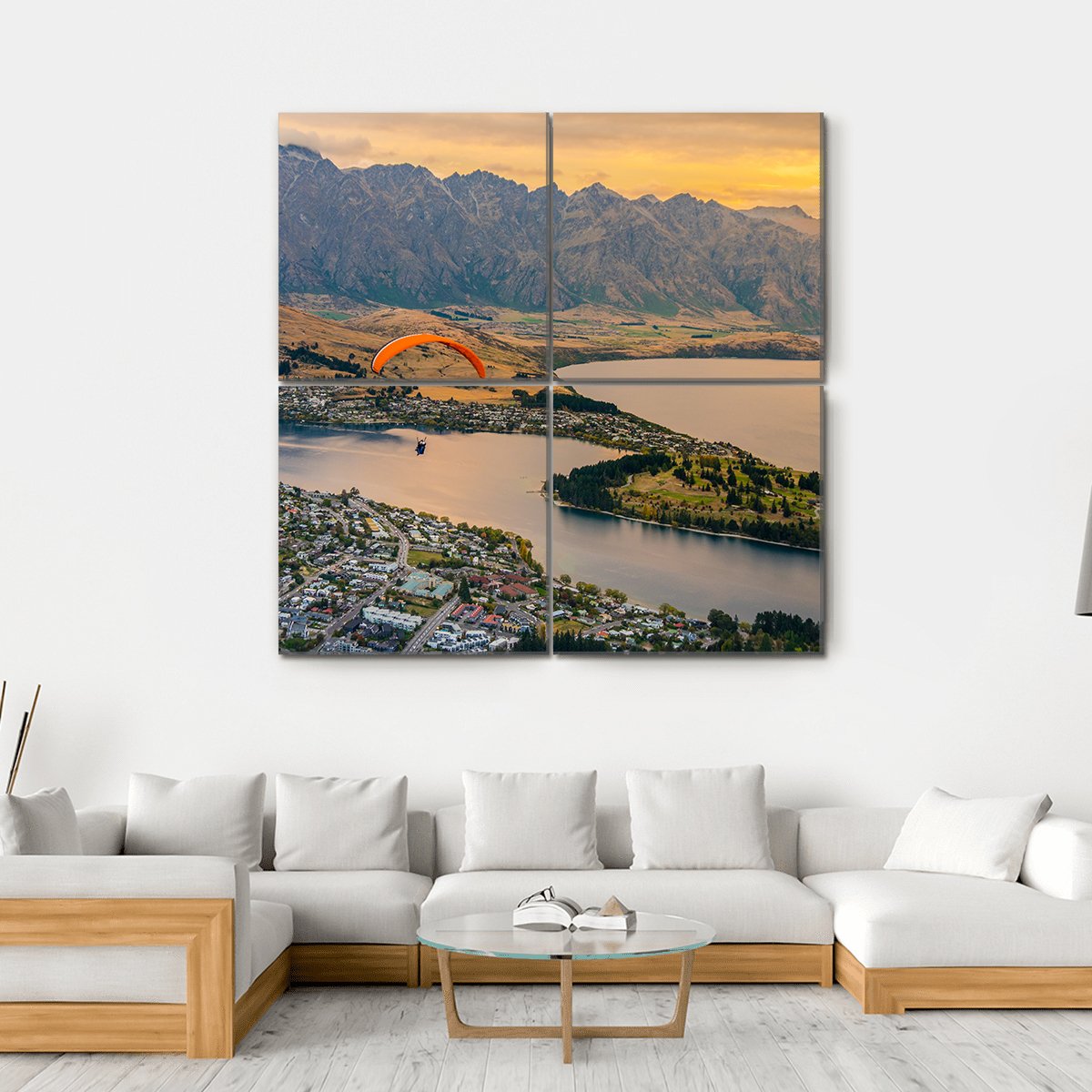 Paragliding over Queenstown and Lake Wakaitipu Canvas Wall Art-4 Square-Gallery Wrap-17" x 17"-Tiaracle