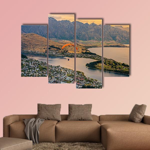 Paragliding over Queenstown and Lake Wakaitipu Canvas Wall Art-4 Pop-Gallery Wrap-50" x 32"-Tiaracle