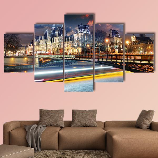 Paris City Hall At Night Canvas Wall Art-5 Star-Gallery Wrap-62" x 32"-Tiaracle