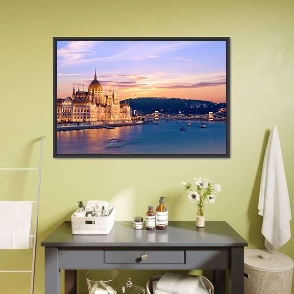 Parliament & Danube River Canvas Wall Art-3 Horizontal-Gallery Wrap-25" x 16"-Tiaracle