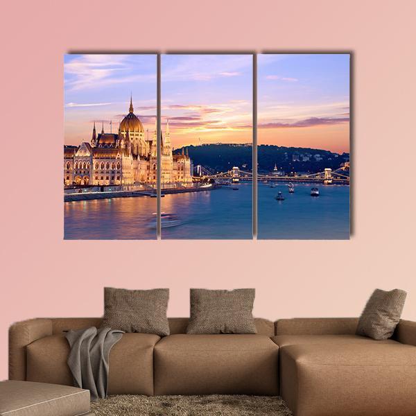 Parliament & Danube River Canvas Wall Art-3 Horizontal-Gallery Wrap-25" x 16"-Tiaracle