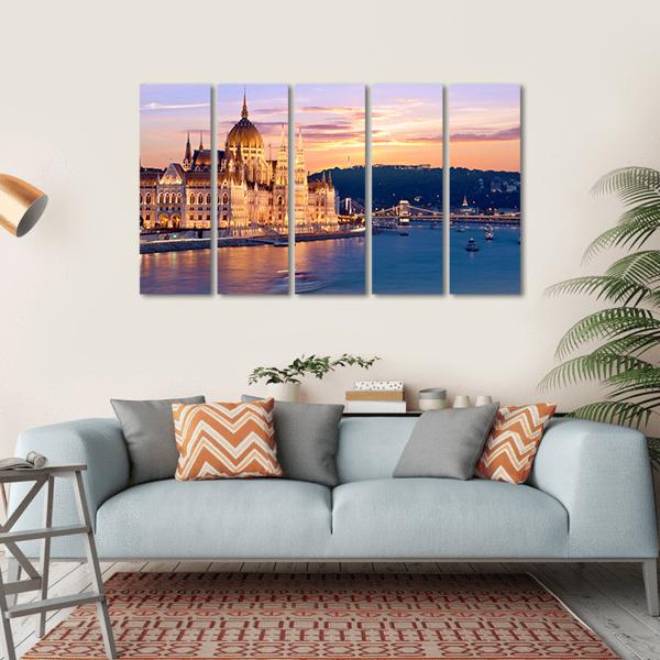 Parliament & Danube River Canvas Wall Art-5 Horizontal-Gallery Wrap-22" x 12"-Tiaracle