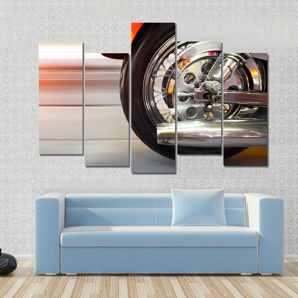 Part Of A Luxury Motorcycle With Blurry Asphalt Road Canvas Wall Art-5 Pop-Gallery Wrap-47" x 32"-Tiaracle