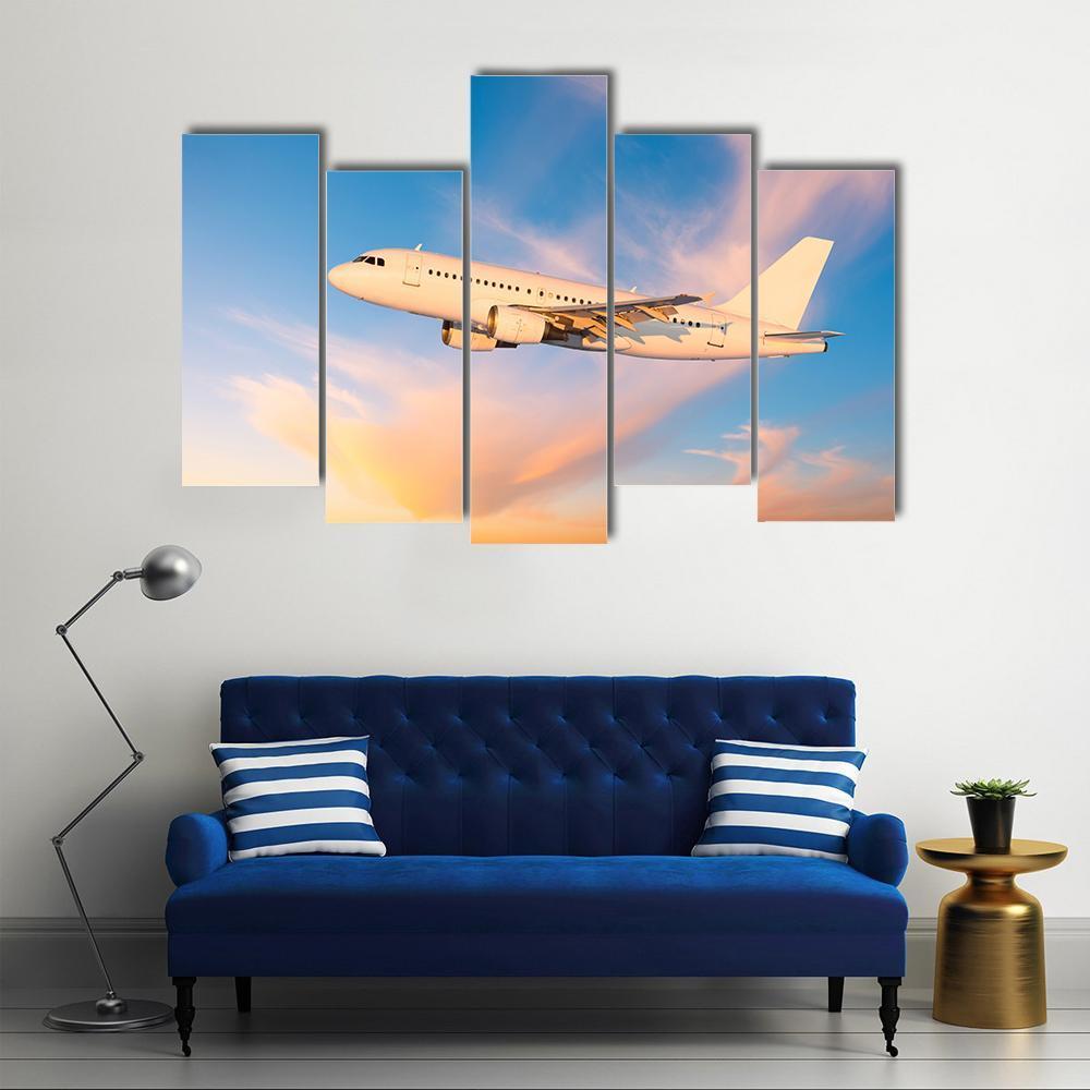 Passenger Plane Flies In Sky Canvas Wall Art-5 Pop-Gallery Wrap-47" x 32"-Tiaracle