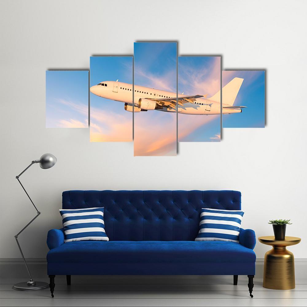 Passenger Plane Flies In Sky Canvas Wall Art-5 Star-Gallery Wrap-62" x 32"-Tiaracle