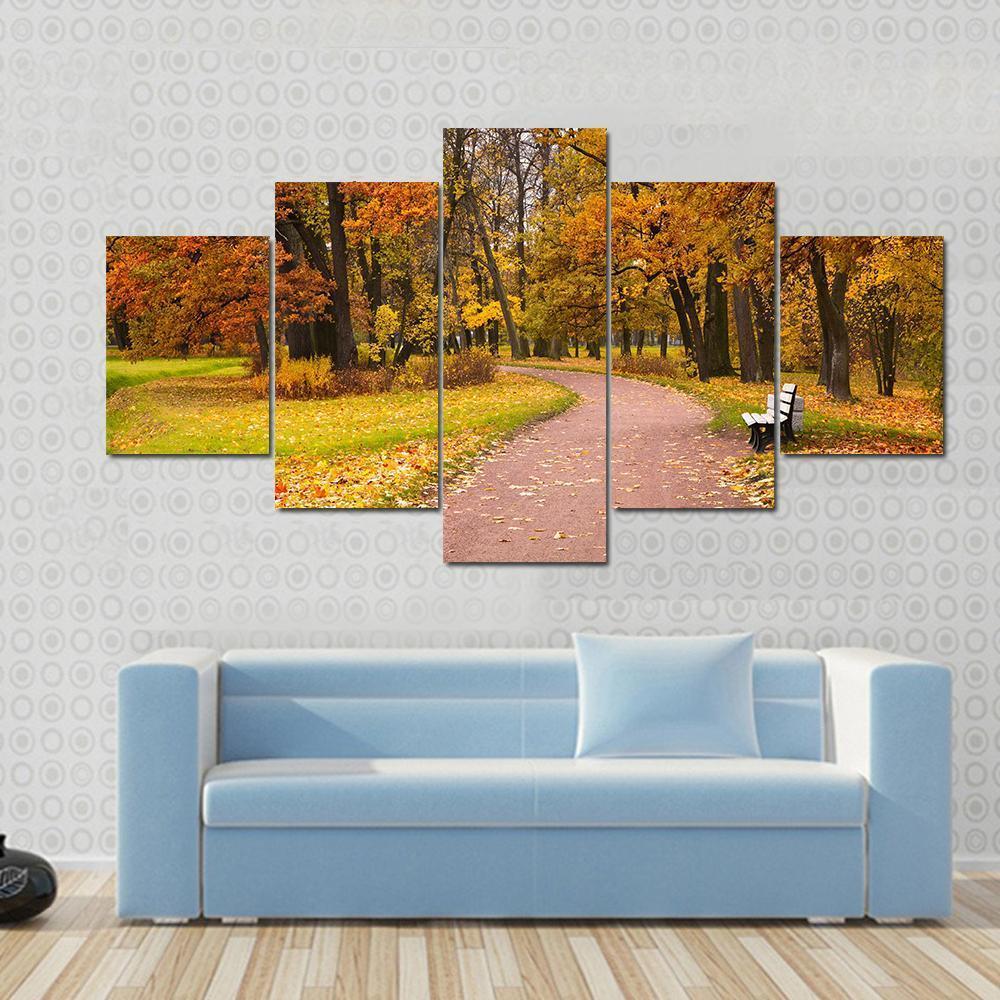 Pathway In Autumn Forest Canvas Wall Art-5 Star-Gallery Wrap-62" x 32"-Tiaracle