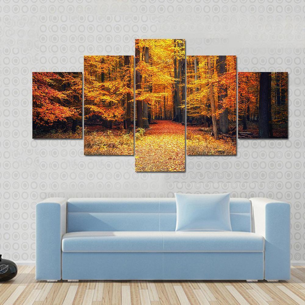 Pathway In The Autumn Park Canvas Wall Art-5 Star-Gallery Wrap-62" x 32"-Tiaracle