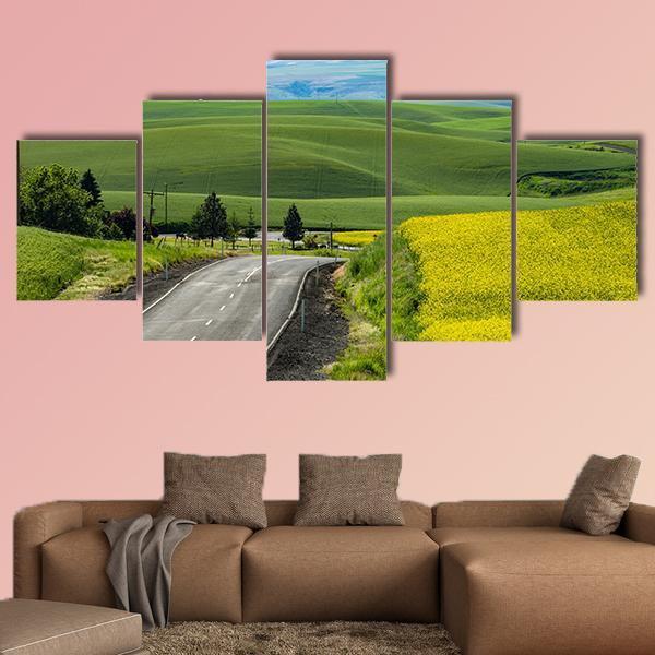Paved Highway Passing Through Canola Fields Canvas Wall Art-5 Star-Gallery Wrap-62" x 32"-Tiaracle