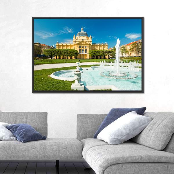 Pavilion And Fountain In Zagreb Canvas Wall Art-3 Horizontal-Gallery Wrap-25" x 16"-Tiaracle