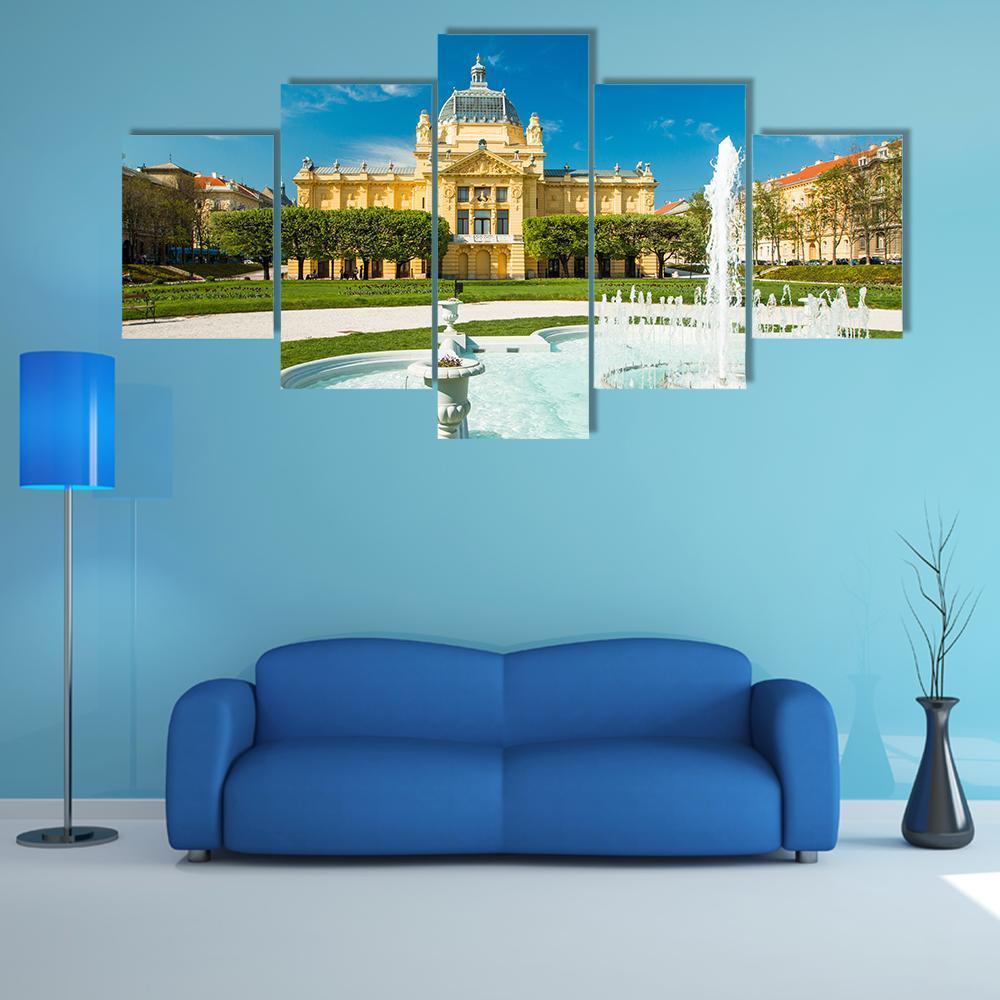 Pavilion And Fountain In Zagreb Canvas Wall Art-5 Star-Gallery Wrap-62" x 32"-Tiaracle