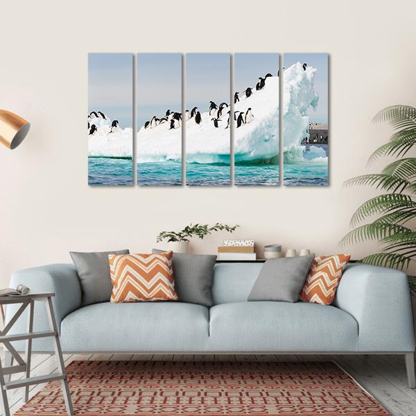 Penguins Colony On Iceberg Antarctica Canvas Wall Art-5 Horizontal-Gallery Wrap-22" x 12"-Tiaracle