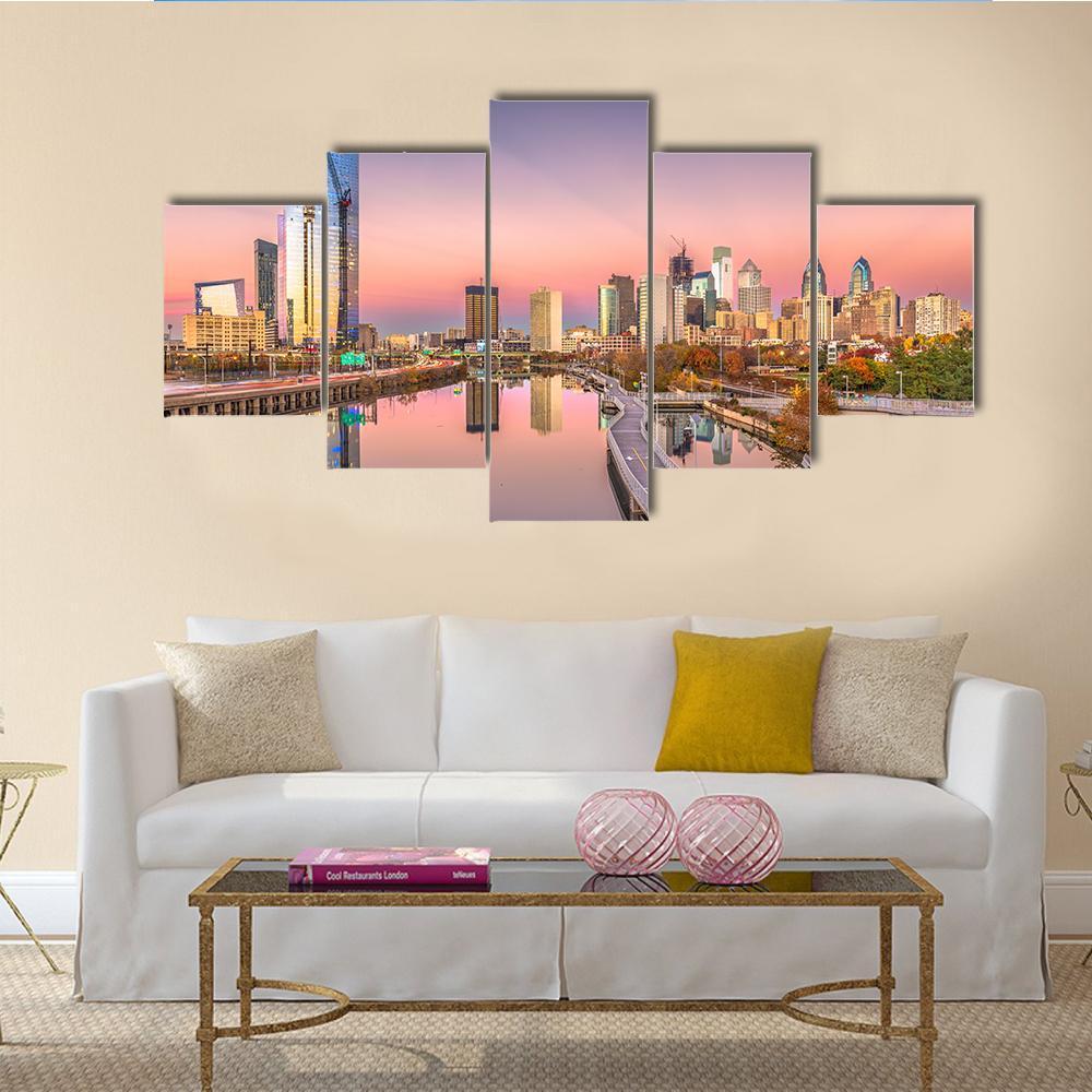 Pennsylvania Downtown City Skyline On Schuylkill River Canvas Wall Art-5 Star-Gallery Wrap-62" x 32"-Tiaracle