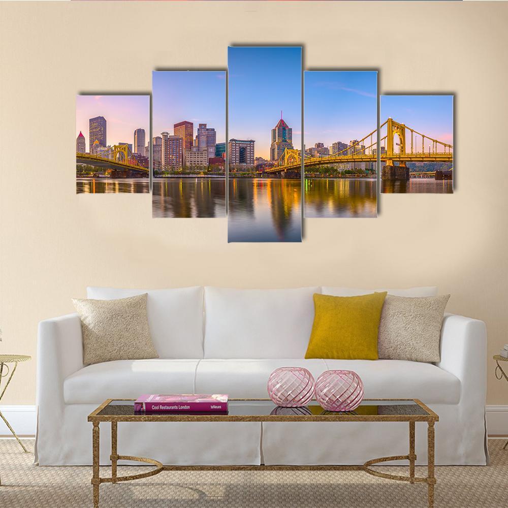 Pennsylvania Skyline On The Allegheny River Canvas Wall Art-5 Star-Gallery Wrap-62" x 32"-Tiaracle