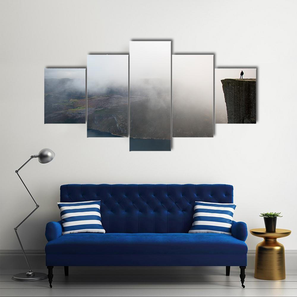 Person Standing On Preikestolen Canvas Wall Art-5 Star-Gallery Wrap-62" x 32"-Tiaracle