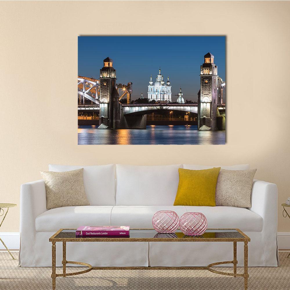 Peter The Great Bridge And Smolny Cathedral Canvas Wall Art-1 Piece-Gallery Wrap-48" x 32"-Tiaracle