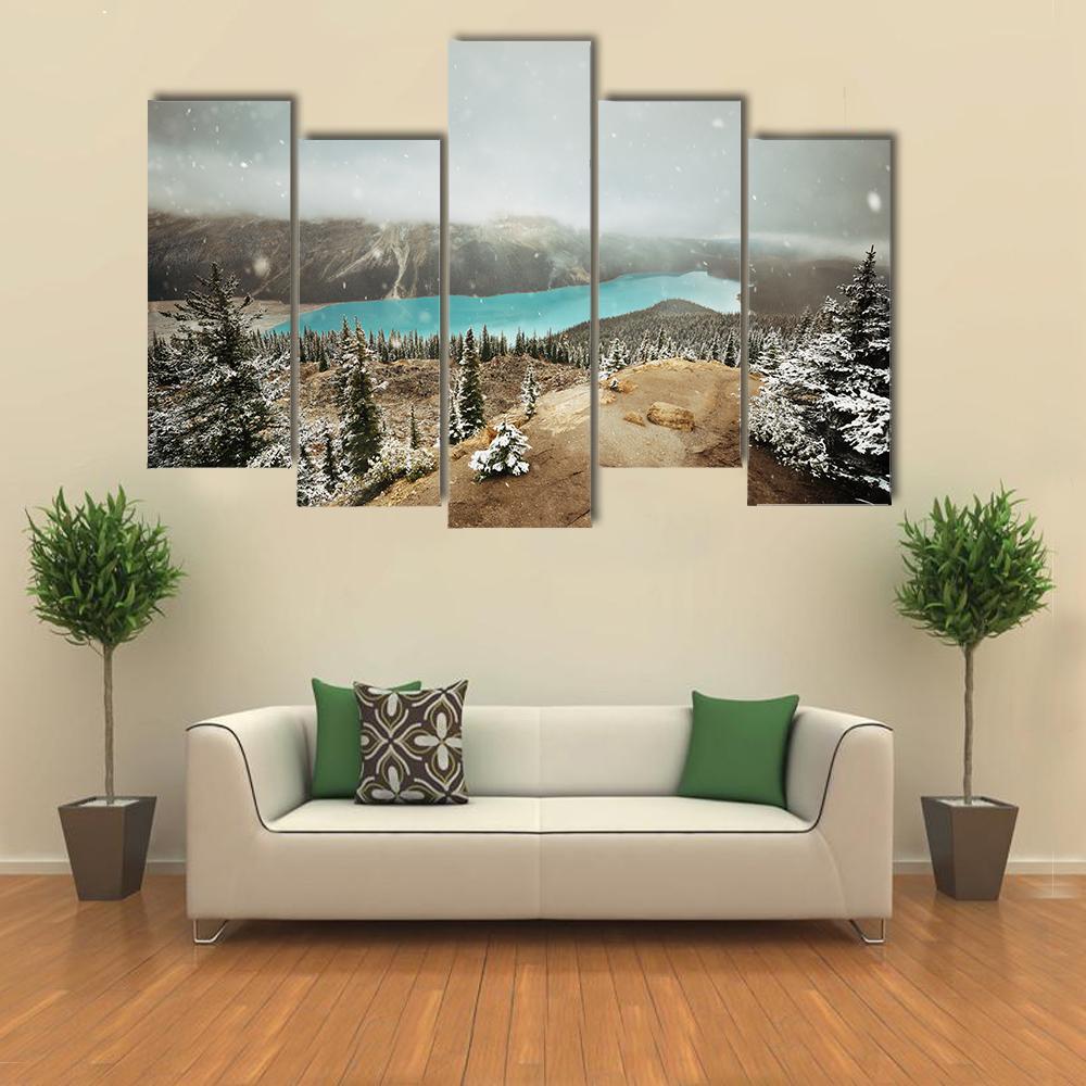 Peyto Lake In Winter With Snow Canvas Wall Art-5 Pop-Gallery Wrap-47" x 32"-Tiaracle